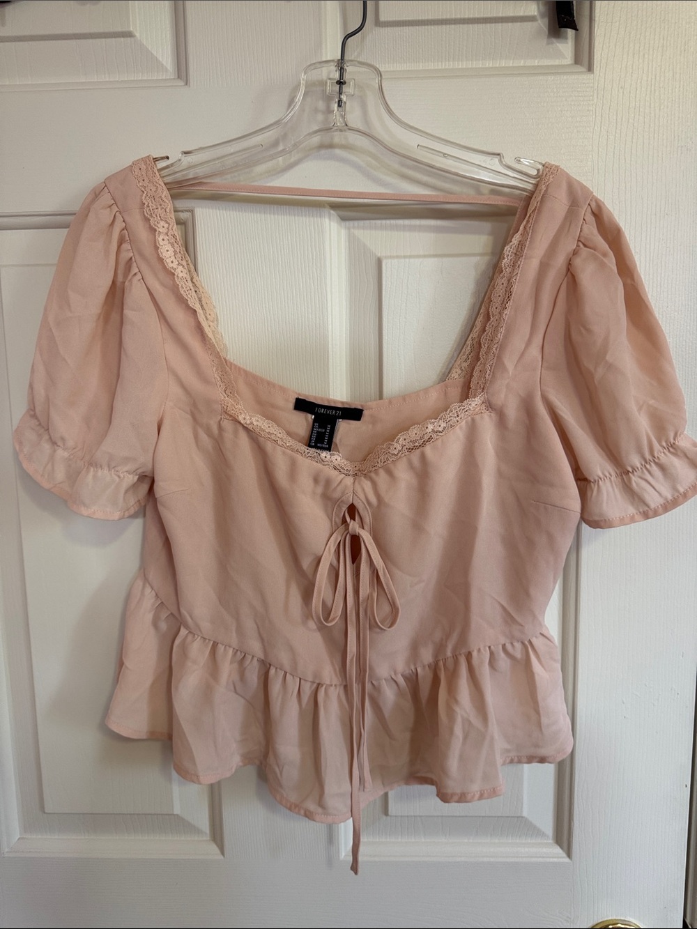 Forever 21 Blush Pink Peplum Tie-Front Puff Sleeve Top
